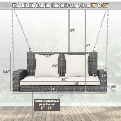 2-Person Patio PE Wicker Hanging Porch Swing Bench Chair Cushion 800 Pounds-White