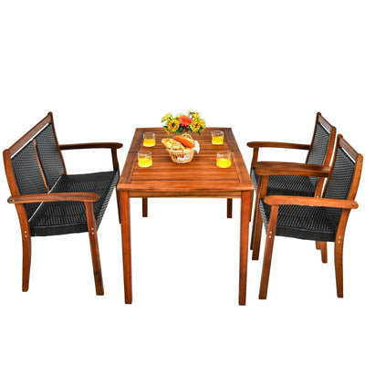 4 Pieces Acacia Wood Patio Rattan Dining Furniture Set - Black