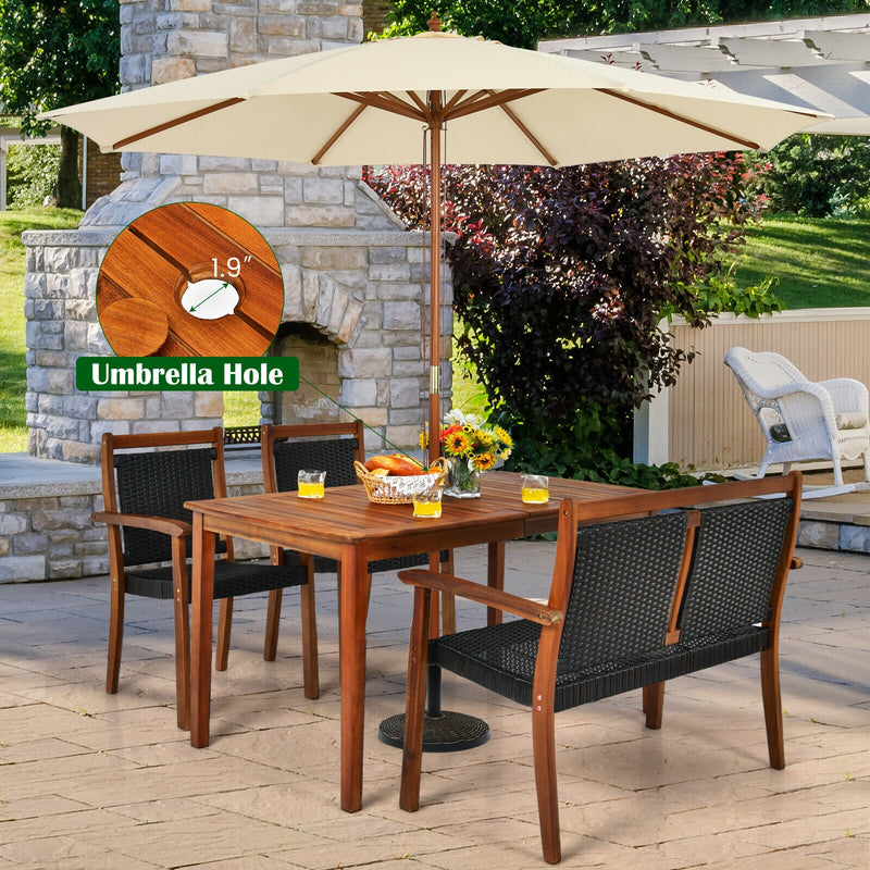 4 Pieces Acacia Wood Patio Rattan Dining Furniture Set - Black