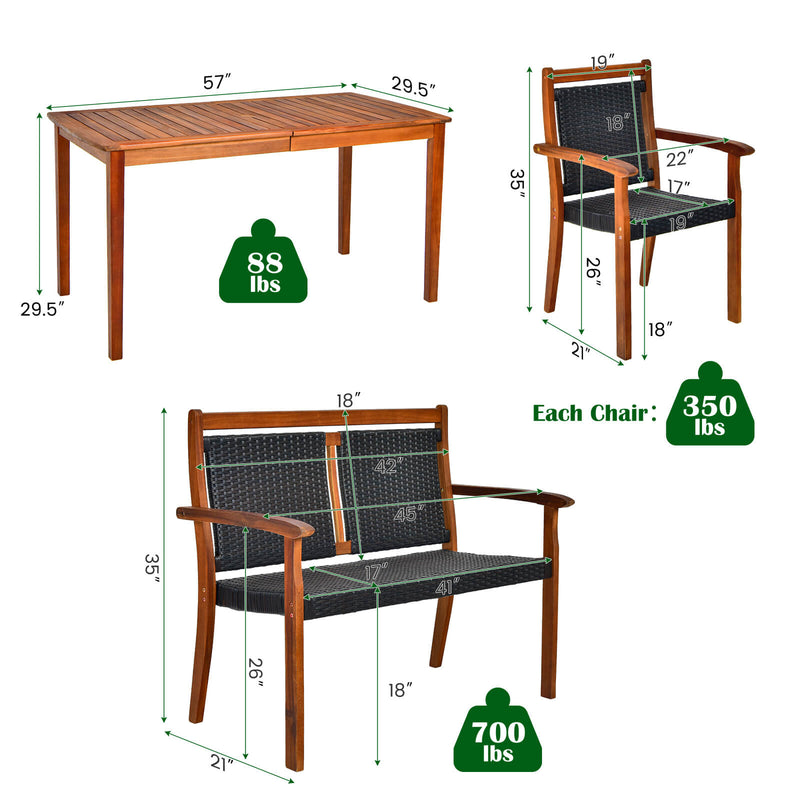 4 Pieces Acacia Wood Patio Rattan Dining Furniture Set - Black