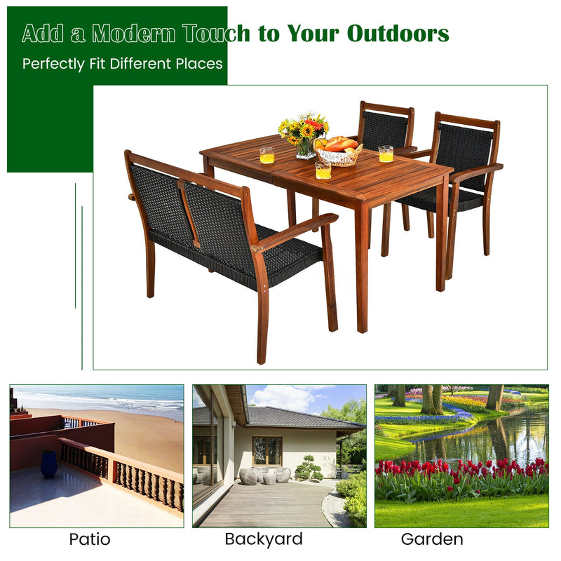 4 Pieces Acacia Wood Patio Rattan Dining Furniture Set - Black