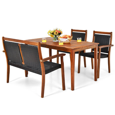 4 Pieces Acacia Wood Patio Rattan Dining Furniture Set - Black