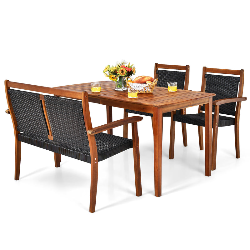 4 Pieces Acacia Wood Patio Rattan Dining Furniture Set - Black