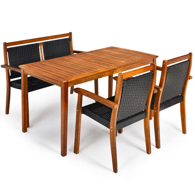 4 Pieces Acacia Wood Patio Rattan Dining Furniture Set - Black
