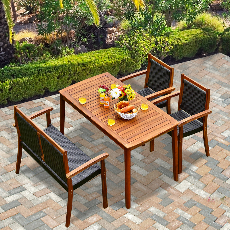 4 Pieces Acacia Wood Patio Rattan Dining Furniture Set - Black