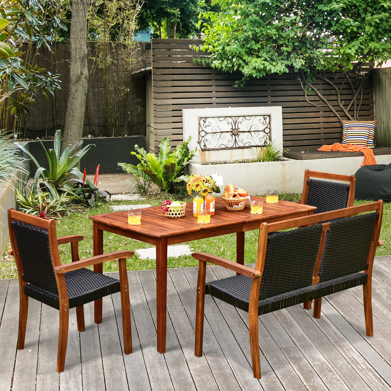 4 Pieces Acacia Wood Patio Rattan Dining Furniture Set - Black