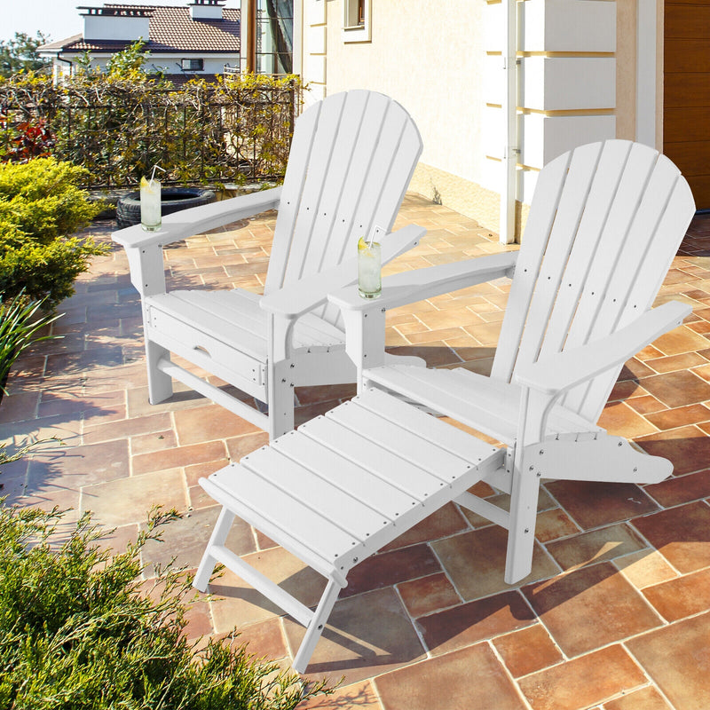Patio HDPE Adirondack Chair with Retractable Ottoman-White