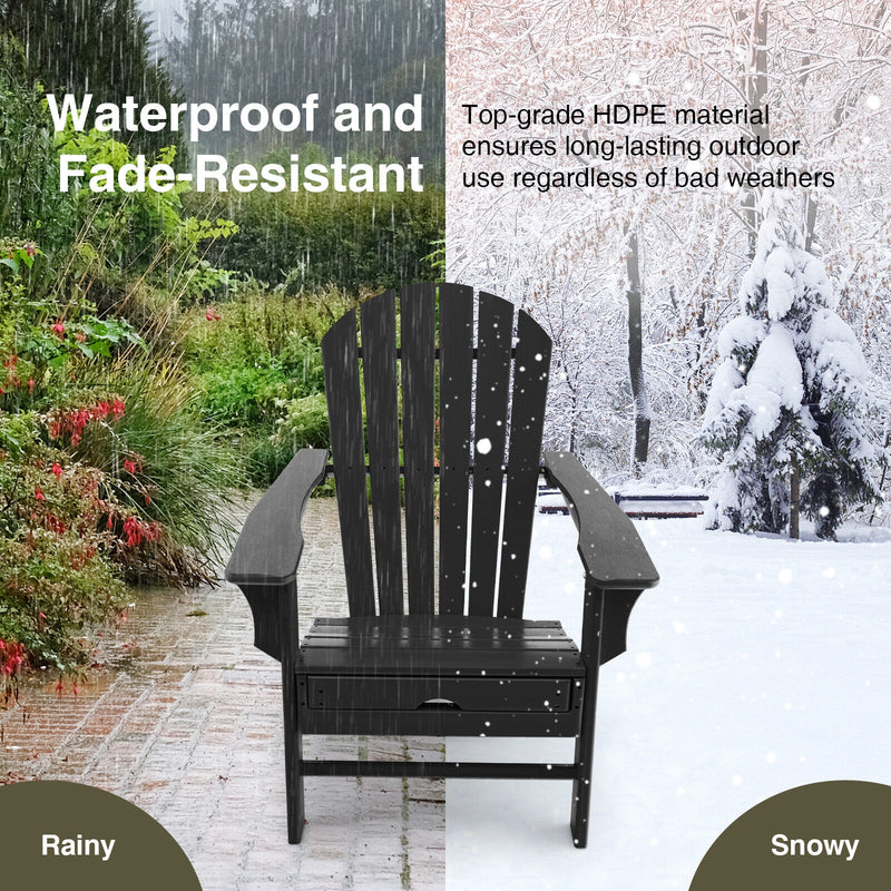 Patio HDPE Adirondack Chair with Retractable Ottoman-Black