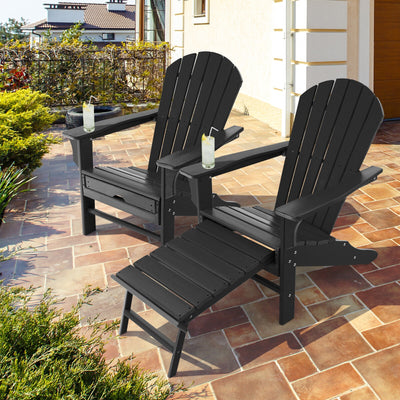 Patio HDPE Adirondack Chair with Retractable Ottoman-Black