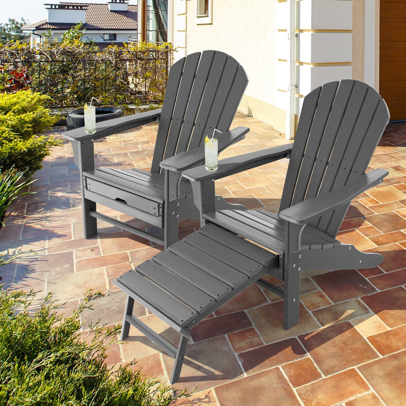 Patio HDPE Adirondack Chair with Retractable Ottoman-Gray
