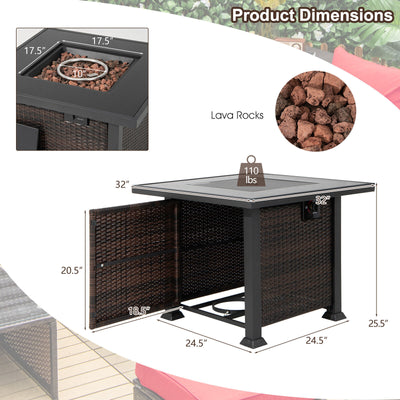 *32 Inch Square Propane Fire Pit Table with Lava Rocks Cover - Brown