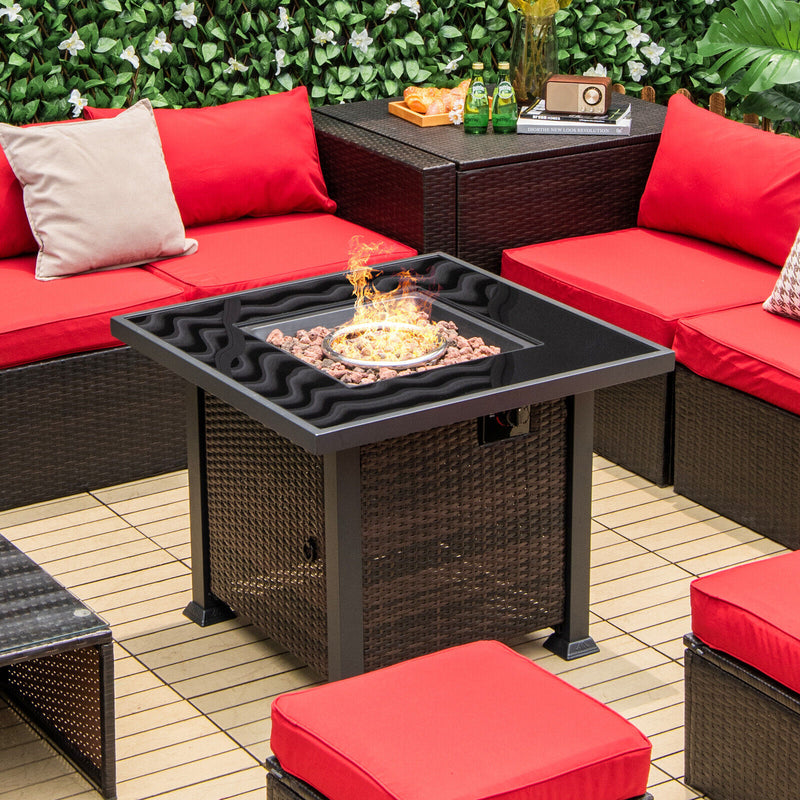 *32 Inch Square Propane Fire Pit Table with Lava Rocks Cover - Brown