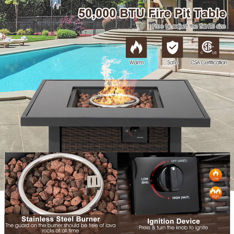 *32 Inch Square Propane Fire Pit Table with Lava Rocks Cover - Brown