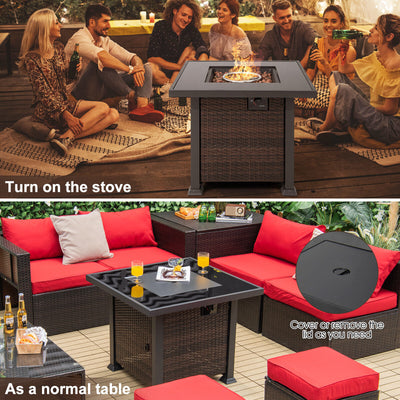 *32 Inch Square Propane Fire Pit Table with Lava Rocks Cover - Brown