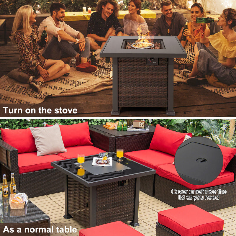 *32 Inch Square Propane Fire Pit Table with Lava Rocks Cover - Brown