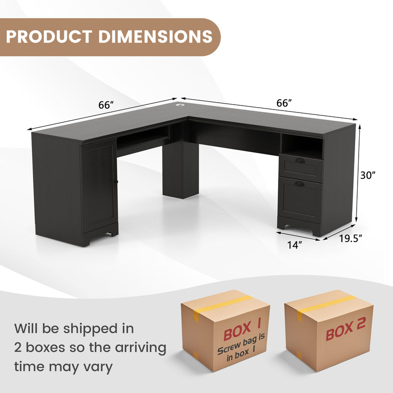 66 Inch L-Shaped Writing Study Workstation Computer Desk with Drawers-Black