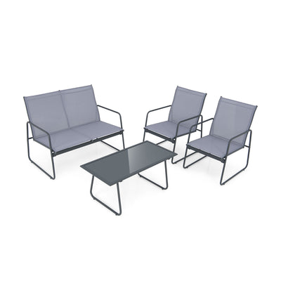 4 Pieces of Metal Patio Furniture Chat Set with Tempered Glass Coffee Table