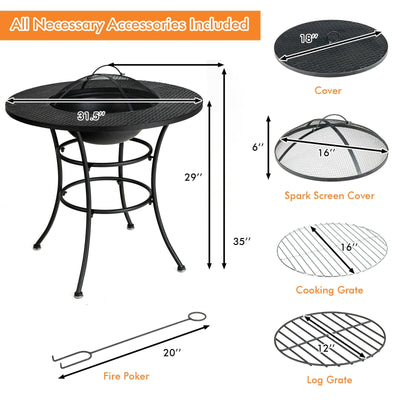 *31.5 Inch Patio Fire Pit Dining Table With Cooking BBQ Grate