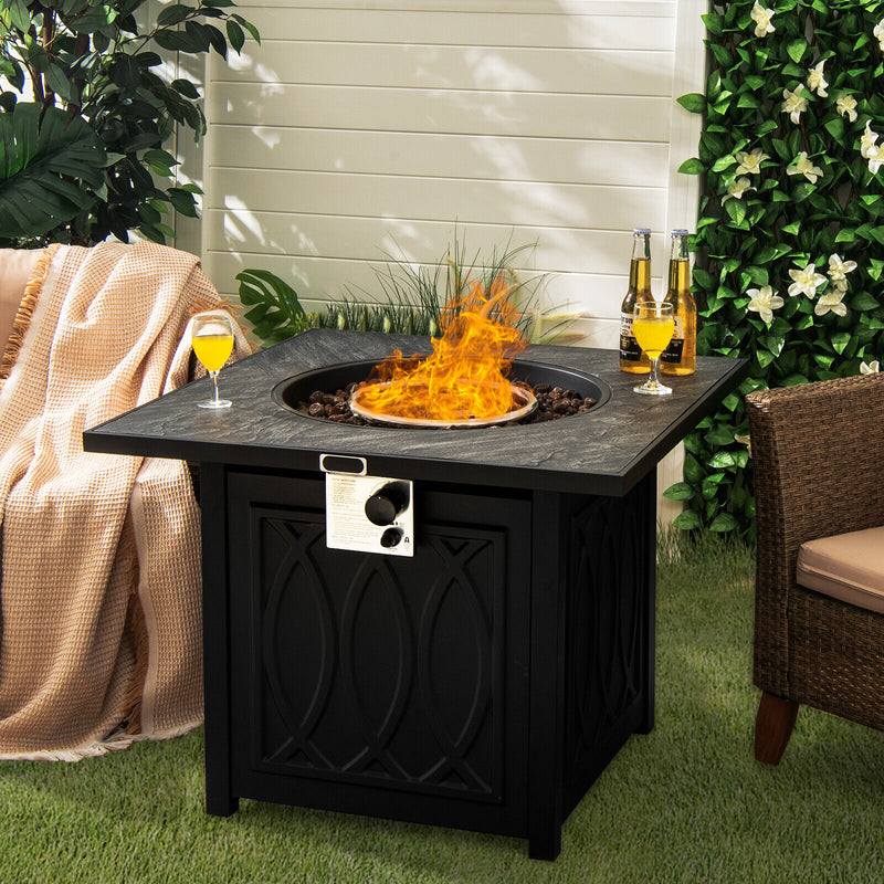 *32 Inch Propane Fire Pit Table Square Tabletop with Lava Rocks Cover 50000 BTU