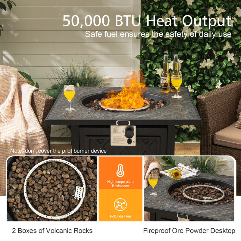 *32 Inch Propane Fire Pit Table Square Tabletop with Lava Rocks Cover 50000 BTU
