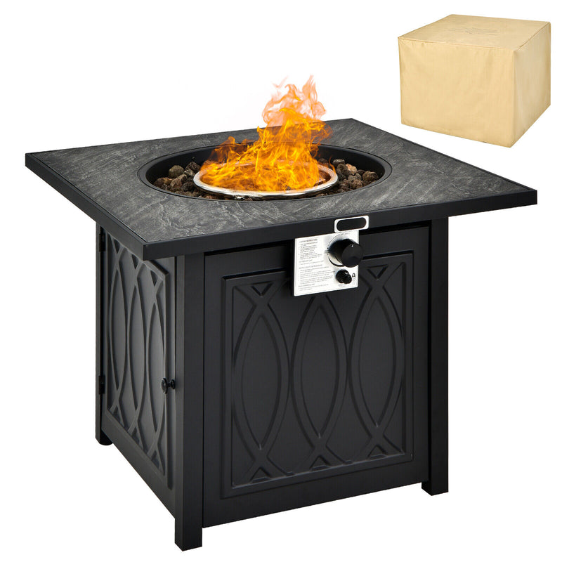 *32 Inch Propane Fire Pit Table Square Tabletop with Lava Rocks Cover 50000 BTU