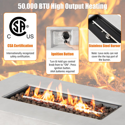 43 Inch Rectangular Concrete Propane Fire Pit Table with Lava Rocks and Cover 50 000 BTU-Gray