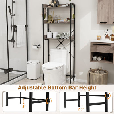 Over The Toilet Storage Rack with Hooks and Adjustable Bottom Bar-Gray
