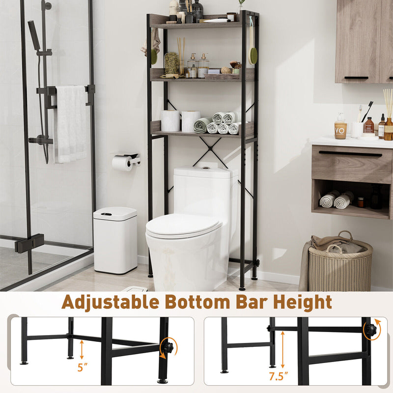 Over The Toilet Storage Rack with Hooks and Adjustable Bottom Bar-Gray