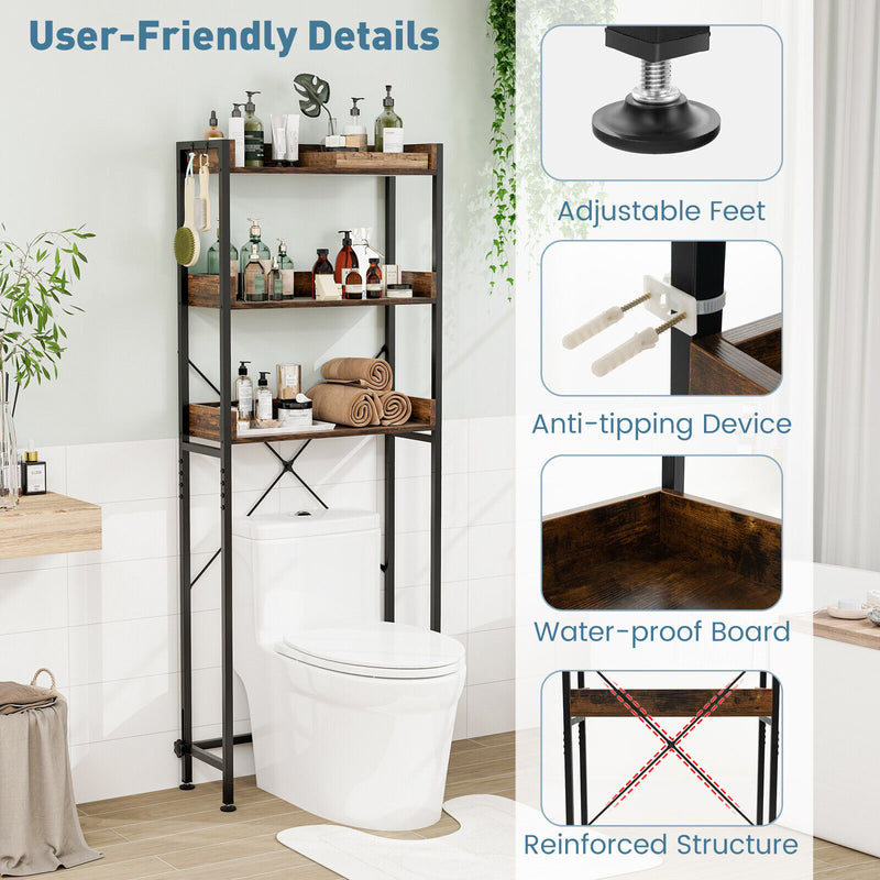 Over The Toilet Storage Rack with Hooks and Adjustable Bottom Bar-Rustic Brown