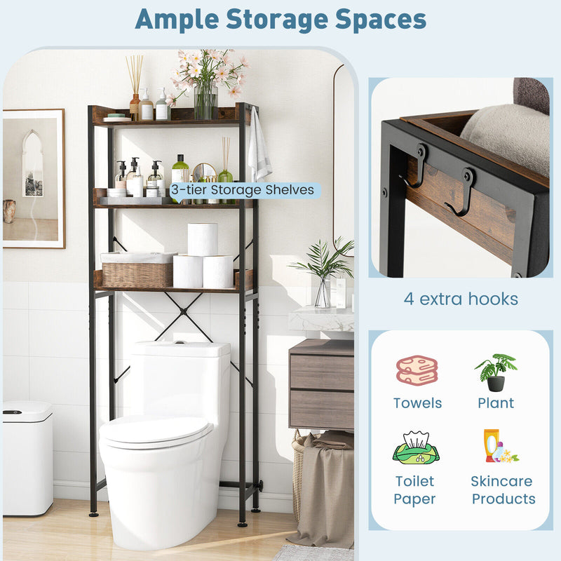 Over The Toilet Storage Rack with Hooks and Adjustable Bottom Bar-Rustic Brown