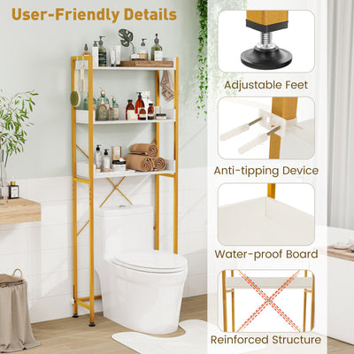 Over The Toilet Storage Rack with Hooks and Adjustable Bottom Bar-White