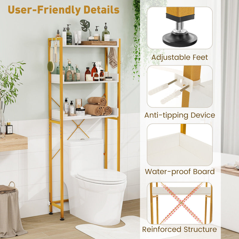 Over The Toilet Storage Rack with Hooks and Adjustable Bottom Bar-White