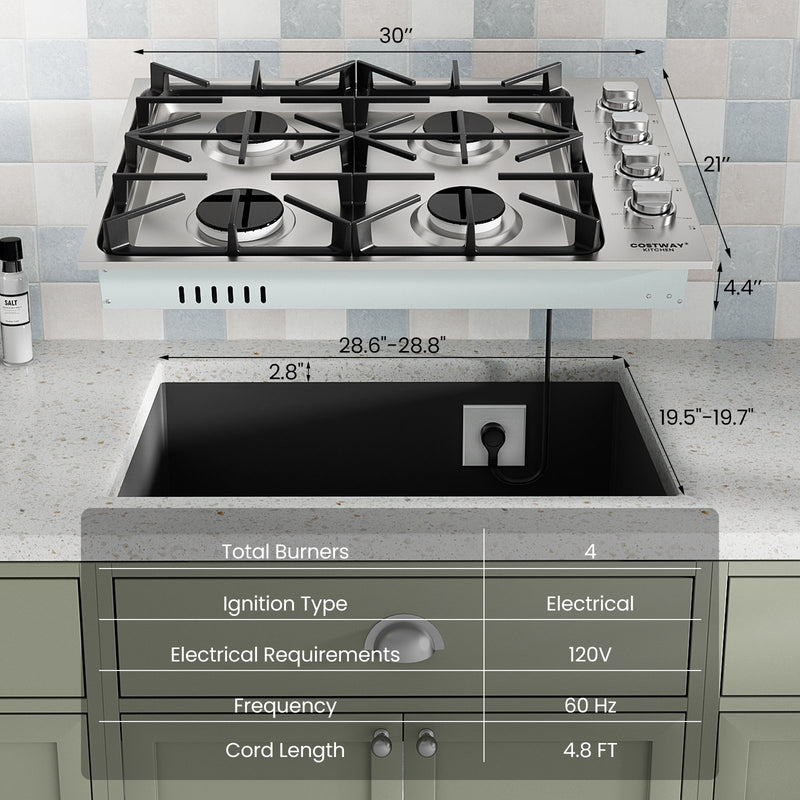 *30/36 Inch Gas Cooktop with 4/6 Powerful Burners and ABS Knobs - 30 inches