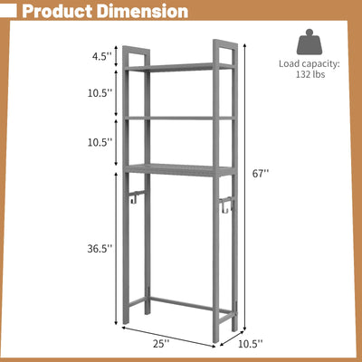 Over-The-Toilet Storage Shelf Space Saving Metal Bathroom Organizer Hooks-Gray