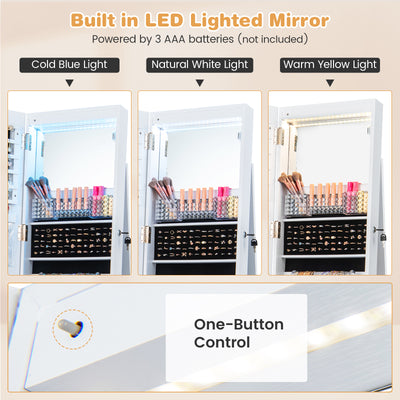 64 Inches Lockable Jewelry Cabinet Armoire with Built-in Makeup Mirror-White