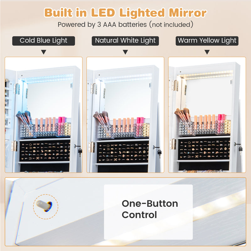 64 Inches Lockable Jewelry Cabinet Armoire with Built-in Makeup Mirror-White