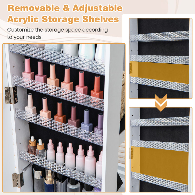 64 Inches Lockable Jewelry Cabinet Armoire with Built-in Makeup Mirror-White