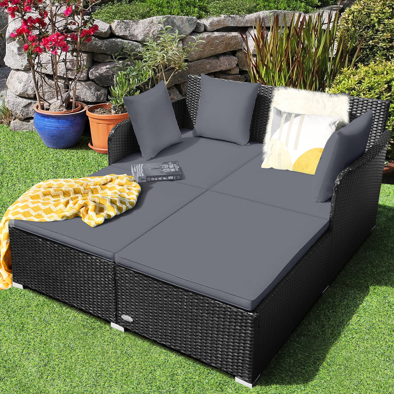 Spacious Outdoor Rattan Daybed with Upholstered Cushions and Pillows-Gray