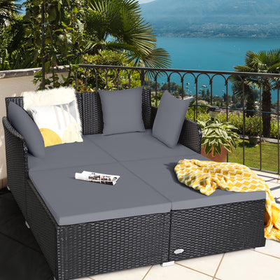 Spacious Outdoor Rattan Daybed with Upholstered Cushions and Pillows-Gray