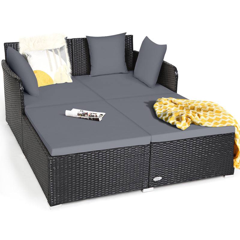 Spacious Outdoor Rattan Daybed with Upholstered Cushions and Pillows-Gray