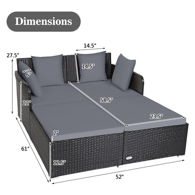 Spacious Outdoor Rattan Daybed with Upholstered Cushions and Pillows-Gray