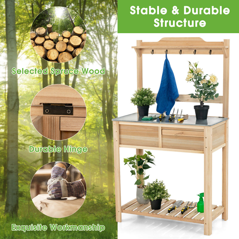 Outdoor Garden Potting Bench Table with Metal Top Open Shelf