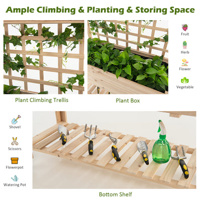Wooden Raised Garden Bed with Wheels Trellis and Storage Shelf