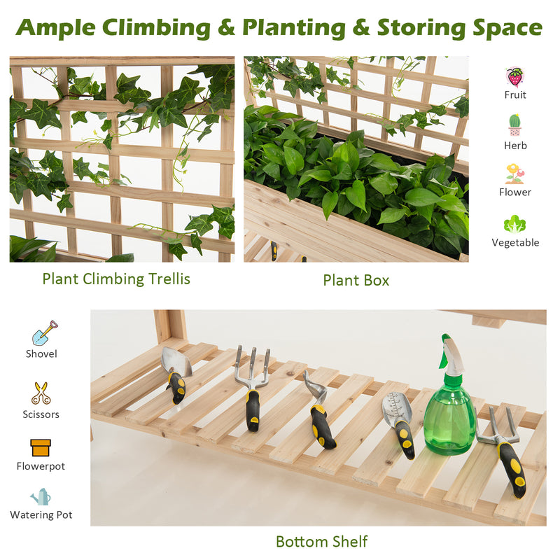 Wooden Raised Garden Bed with Wheels Trellis and Storage Shelf