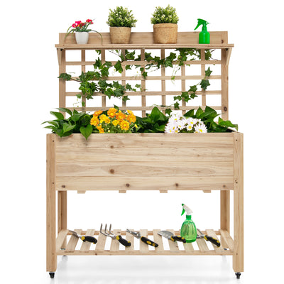 Wooden Raised Garden Bed with Wheels Trellis and Storage Shelf