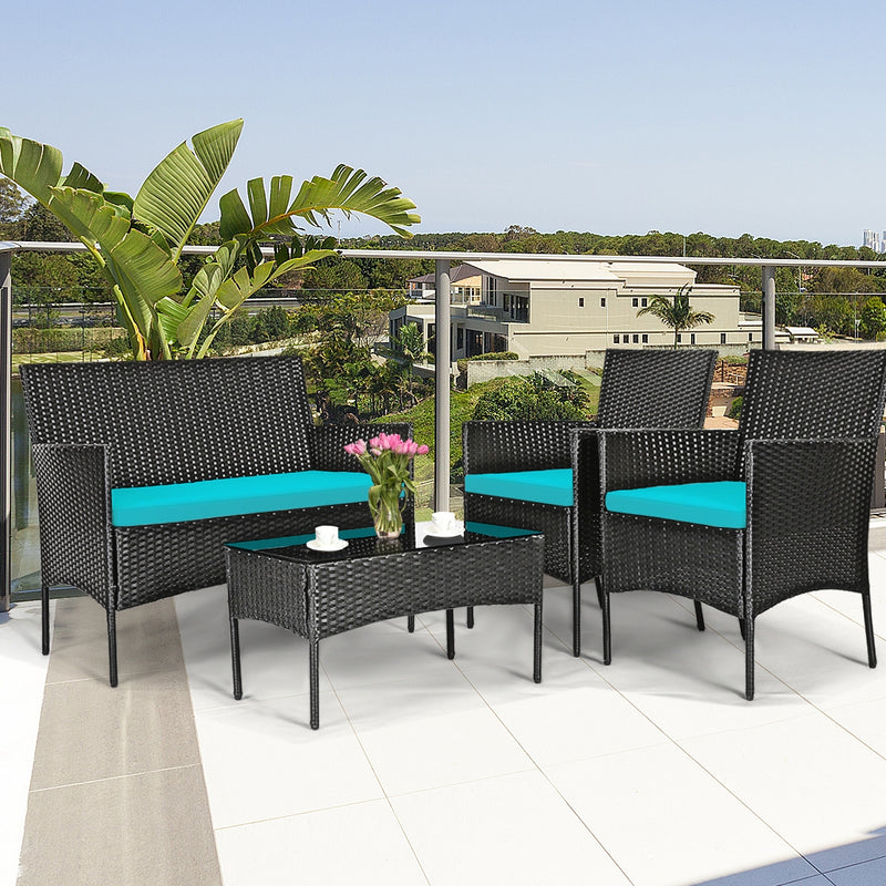 4 Pcs Patio Rattan Cushioned Sofa Furniture Set with Tempered Glass Coffee Table-Turquoise