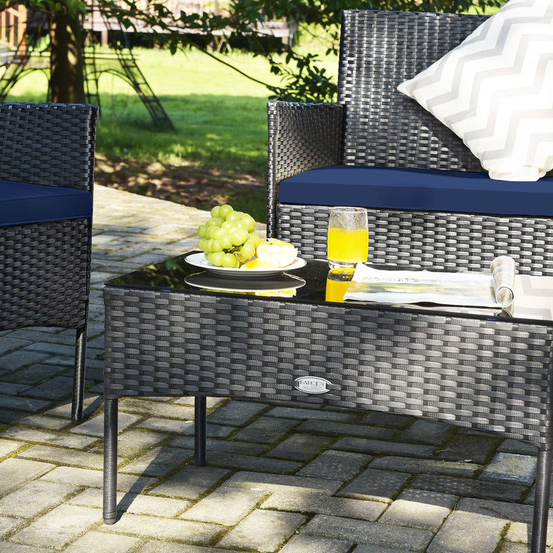 4 Pieces Patio Rattan Cushioned Sofa Set with Tempered Glass Coffee Table-Navy and off White