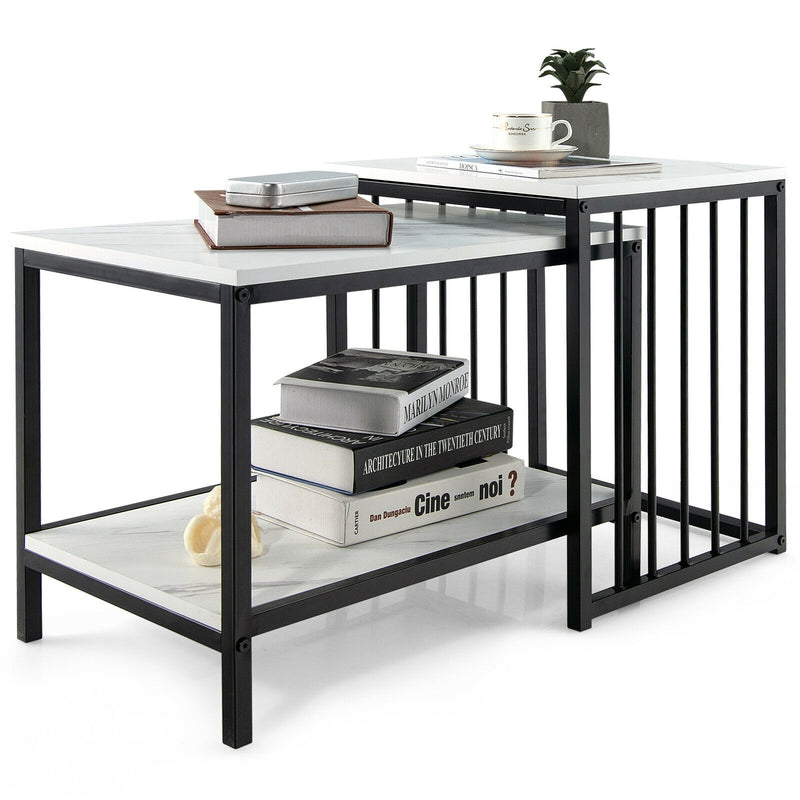 Set of 2 Nesting End Tables with Storage Shelf-White