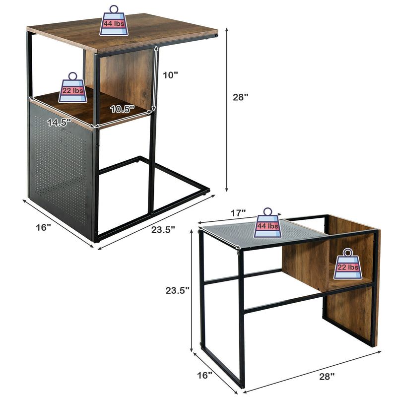 C Shape Sofa Side End Table with Wooden Shelf-Brown