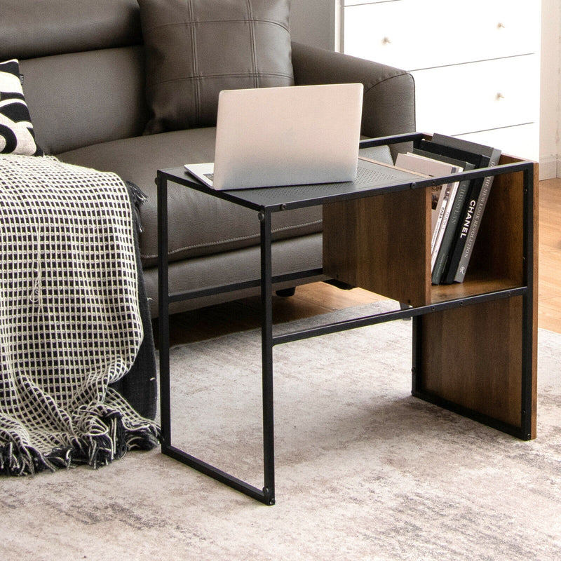 C Shape Sofa Side End Table with Wooden Shelf-Brown